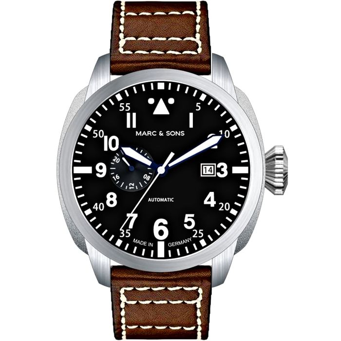 Marc & Sons Classic Black Professional Automatic Pilot Men's Watch 46mm 10ATM Black Dial/Brown Band - Click Image to Close